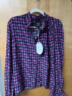 Catherine Popesco Purple Geometric Ruffle-Neck Blouse